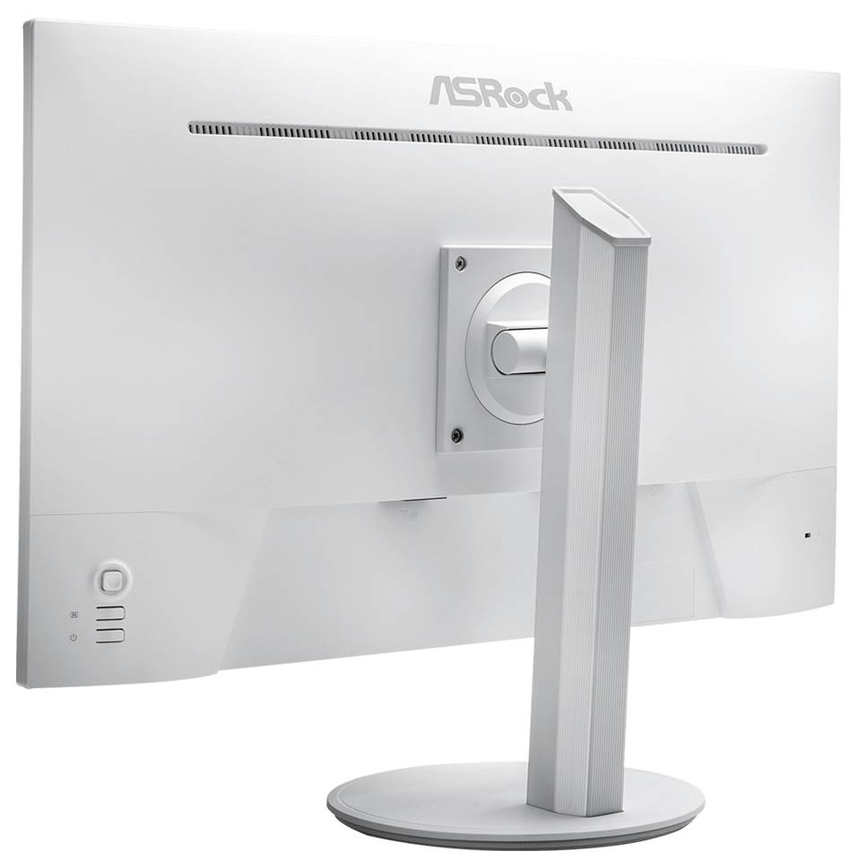 Rückansicht eines weißen ASRock-Desktopmonitors mit silbernem Ständer und kreisförmiger Basis.