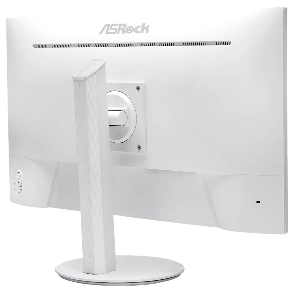Rückansicht eines weißen ASRock-Desktop-Monitors auf einem runden Ständer, der den hinteren Belüftungsschlitz und die zentrale Halterung zeigt.