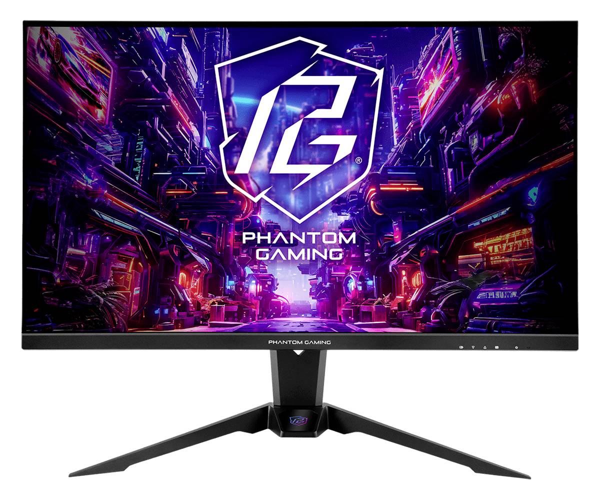 Ein Phantom Gaming Monitor auf weißem Hintergrund, der eine neonbeleuchtete Sci-Fi-Stadtszene mit dem 'PG' Logo und dem Text 'PHANTOM GAMING' zeigt.
