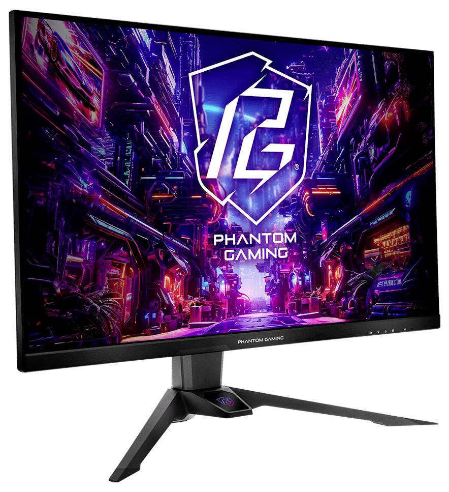 Phantom Gaming Monitor zeigt eine neon-cyberpunk Stadt und großes "PG"-Logo auf dem Bildschirm, angezeigt auf einem schwarzen Ständer.