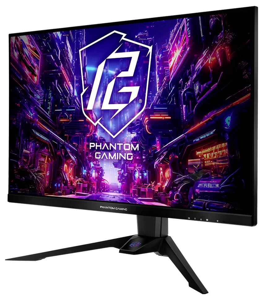 Gaming-Monitor mit einer leuchtenden Cyberpunk-"PHANTOM GAMING"-Logo und Text auf dem Bildschirm, gezeigt auf einem schwarzen Ständer mit dreibeinigem Sockel.