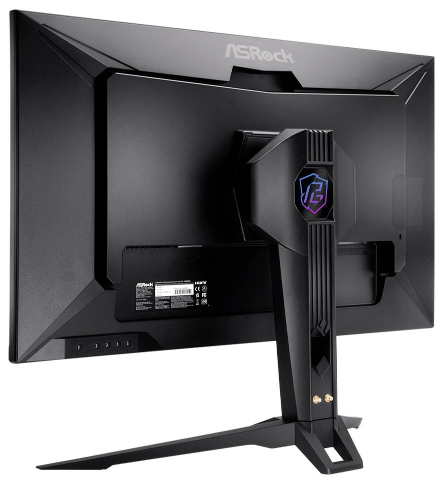 Rückansicht eines ASRock Gaming-Monitors mit eckigem schwarzem Design und RGB-Logo auf dem Standfuß.