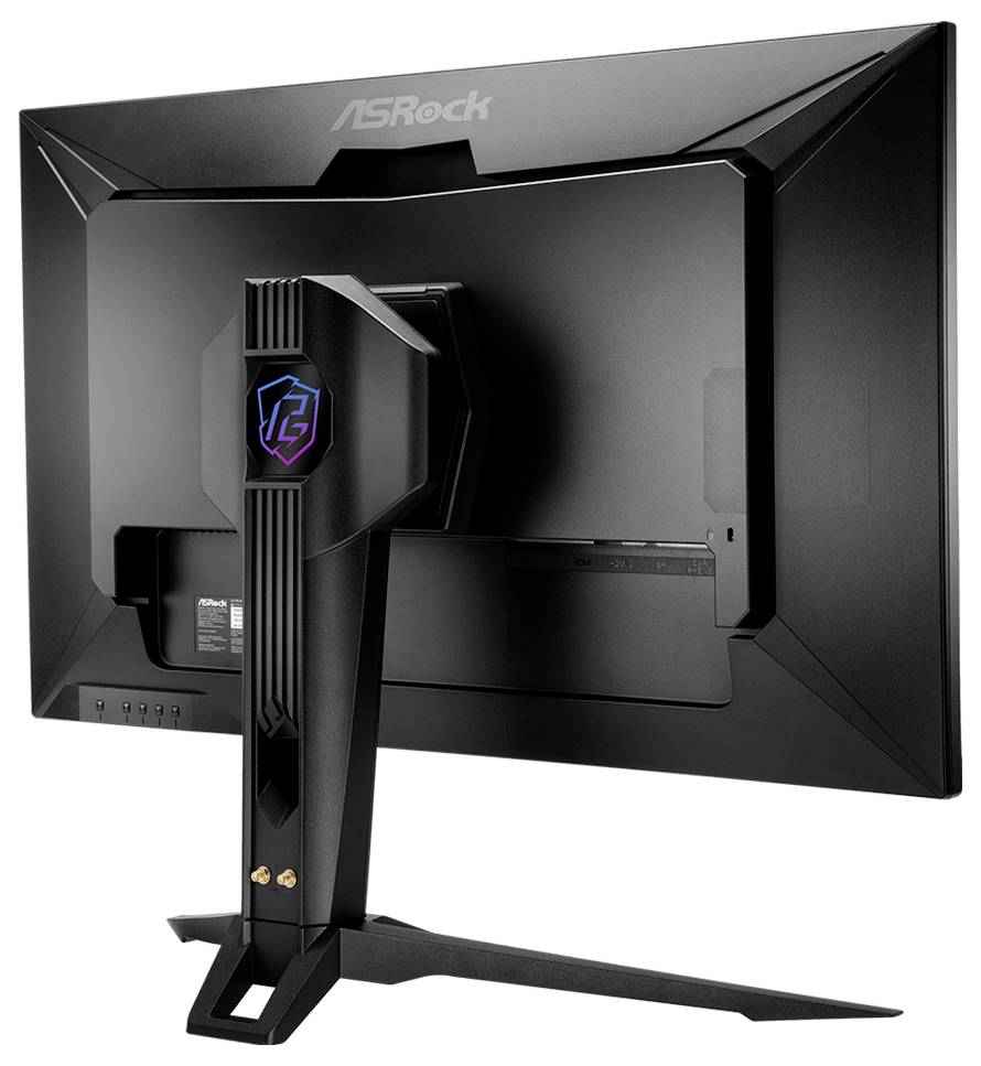 Rückansicht eines ASRock-Gaming-Monitors mit zentralem Standfuß und kantigem schwarzem Design, das rückwärtige Anschlüsse und Kabelzugang zeigt.