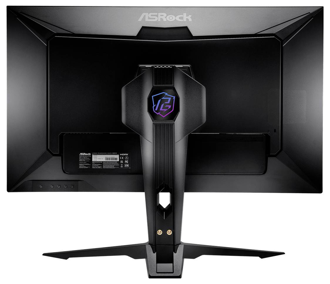 Rückansicht eines ASRock-Gaming-Monitors mit RGB-beleuchteten Logo auf dem Ständer und einem breiten schwarzen Display auf einer V-förmigen Basis.