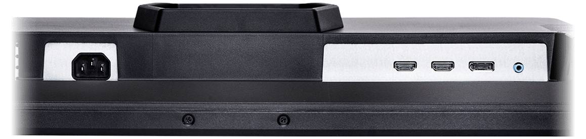 Rückansicht eines schwarzen elektronischen Geräts mit einer Stromeingabe auf der linken Seite und drei HDMI-Anschlüssen plus einer blauen Audiobuchse auf der rechten Seite.