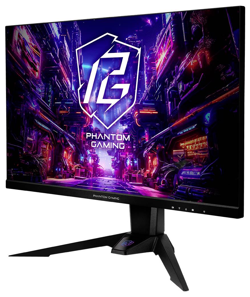 Phantom Gaming Monitor zeigt eine leuchtende Sci-Fi-Stadtszene mit dem Phantom Gaming-Logo und Text auf dem Bildschirm.