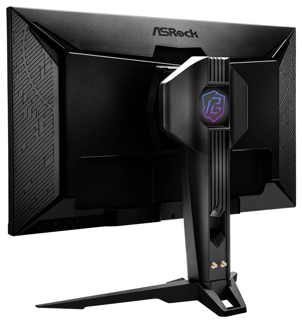 ASRock Gaming-Monitor auf einem Ständer, von hinten gezeigt mit schwarzem kantigem Design und beleuchtetem Logo auf dem Stützarm.