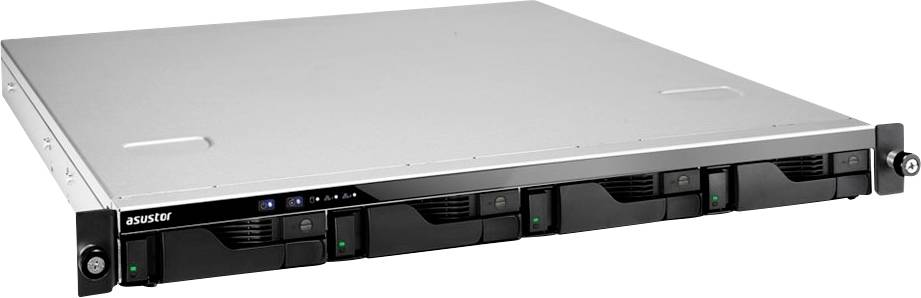 Vorderansicht eines silbernen ASUSTOR-Netzwerkspeicherservers zum Einbau in ein Rack mit mehreren Hot-Swap-Festplattenschächten und Statusleuchten.