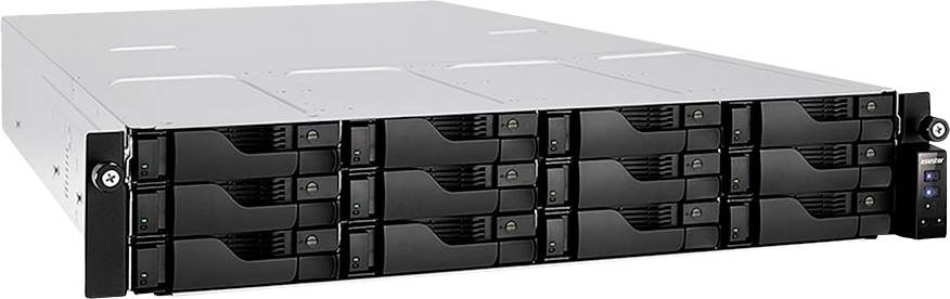 Vorderansicht eines Rack-Mount-Speicherservers mit 24 Hot-Swap-Laufwerkschächten und einem Bedienfeld auf der rechten Seite.
