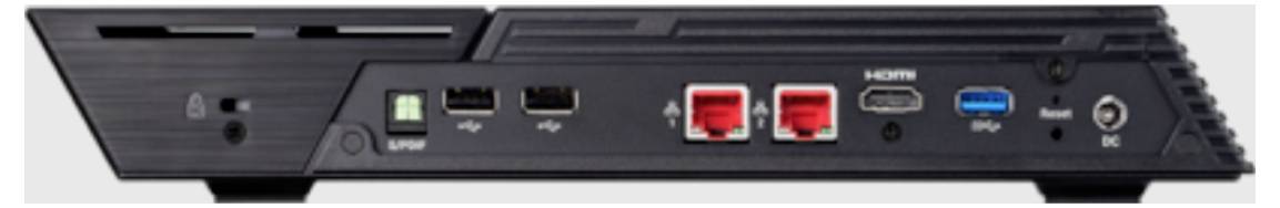 Rückansicht eines schwarzen Netzwerkgeräts mit Stromeingabe, USB-Anschlüssen, zwei roten Ethernet-Anschlüssen, HDMI, blauem USB-Anschluss, Reset-Taste und DC-Stromschalter.
