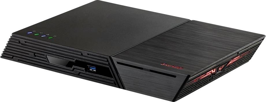 Kompaktes schwarzes elektronisches Gerät mit belüfteten Seiten, Statusleuchten oben und einem USB-Anschluss an der Vorderseite, schräg auf weißem Hintergrund dargestellt.