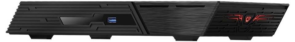 Schwarze Gaming-Soundbar mit zentralem blauem Display und rot beleuchtetes 'TV'-Logo auf der rechten Seite.