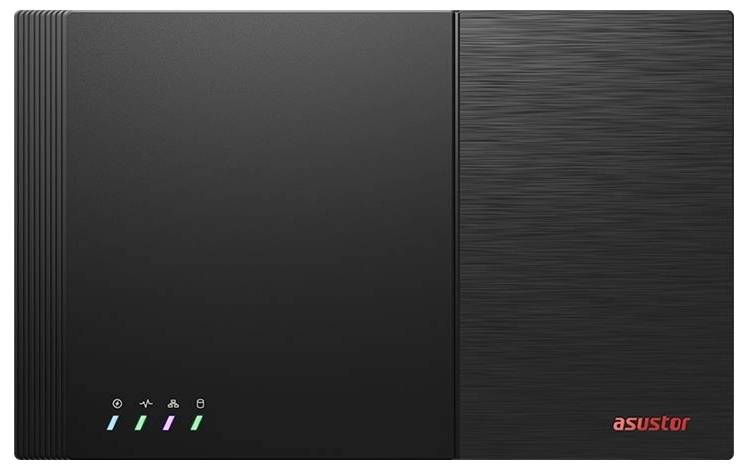 Schwarzes Asustor NAS-Speichergerät mit vier Statusleuchten und rotem 