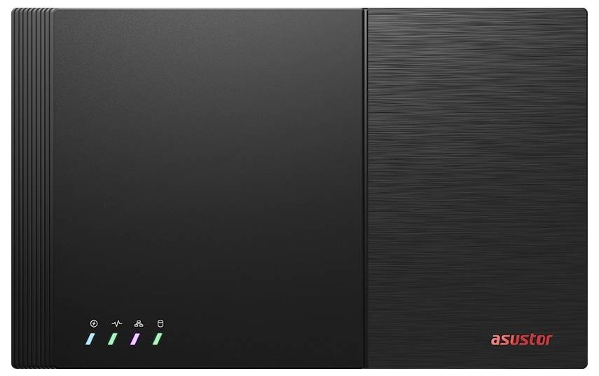 Schwarzes ASUSTOR NAS-Speichergerät mit Statusleuchten auf der vorderen Seite und rotem 