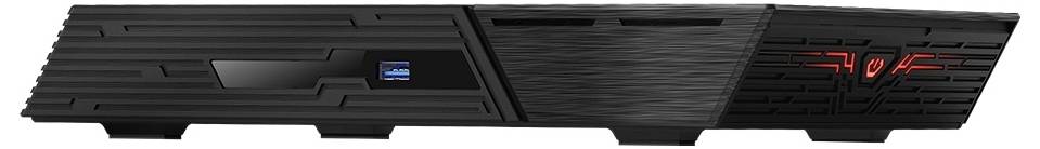Eine schwarze Gaming-Tastatur mit breitem, kantigem Design und rot beleuchteten Logos oder Text auf der rechten Seite.