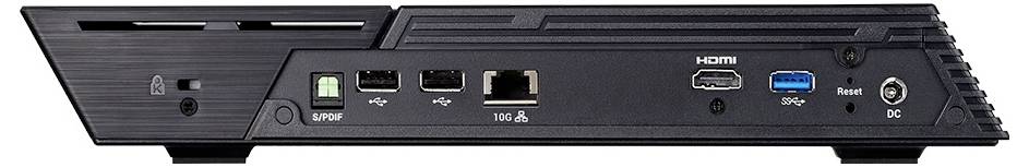 Rückseite eines schwarzen Geräts mit Anschlüssen und Steuerelementen: S/PDIF, zwei USB-Anschlüsse, 10G Ethernet, HDMI, USB 3.0, Zurücksetzen und DC-Stromeingang.