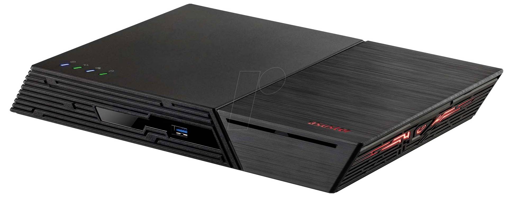 Schwarzer Lenovo Gaming-Laptop mit gebürsteter Metalloberfläche und roter Akzentbeleuchtung, geschlossen in einer Schrägansicht auf weißem Hintergrund dargestellt.