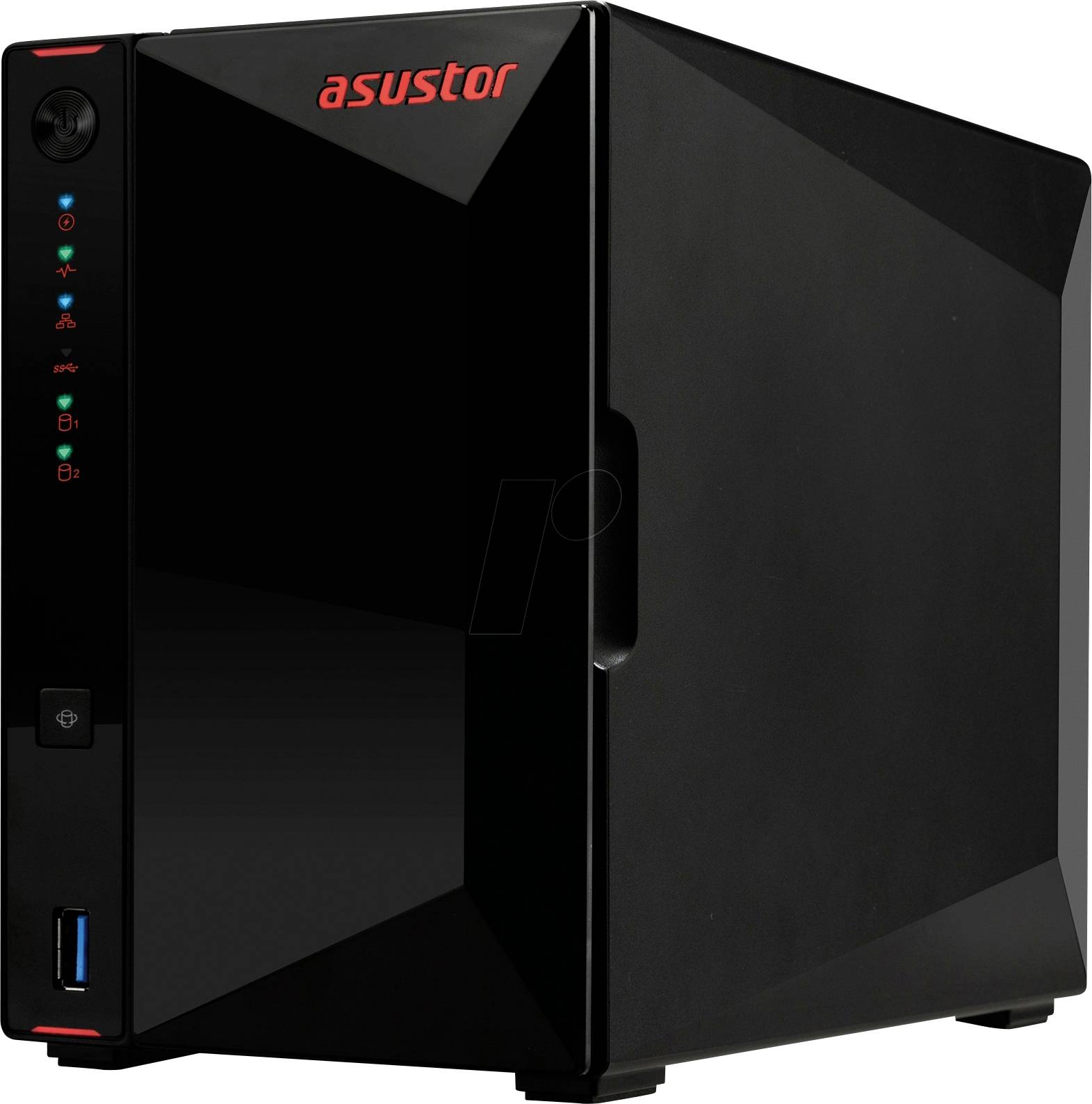 Schwarzes Asustor-Netzwerkspeicher-Gehäuse mit rotem Logo, vordere Statusleuchten, USB-Anschluss und einer einzelnen vorderen Festplattenschacht-Tür.