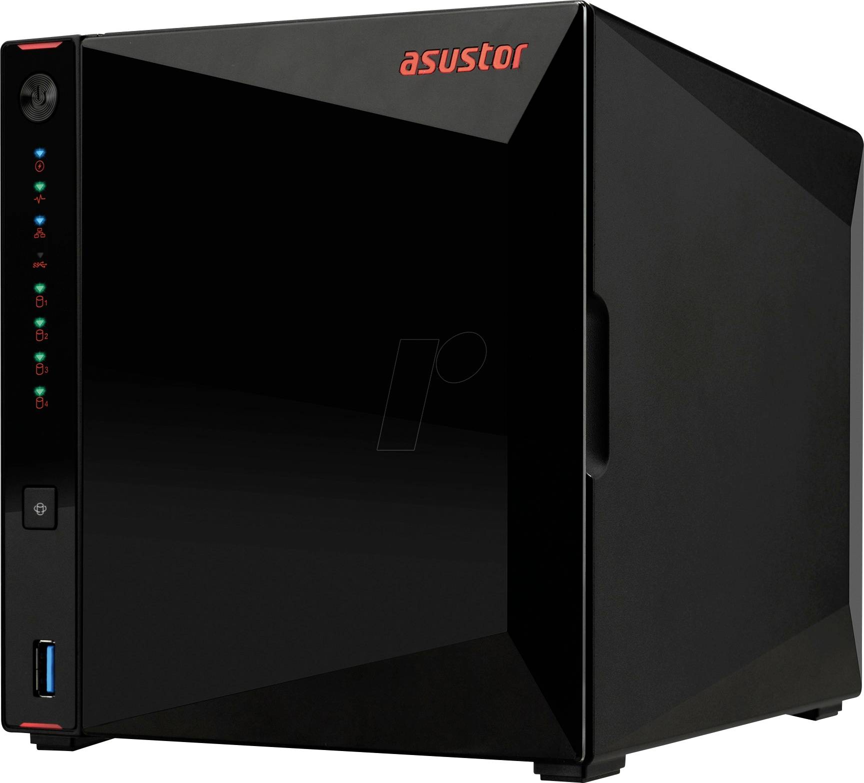 Schwarzes Asustor-NAS-Speichergehäuse mit vorderen Statusleuchten, Netzschalter und USB-Anschluss.