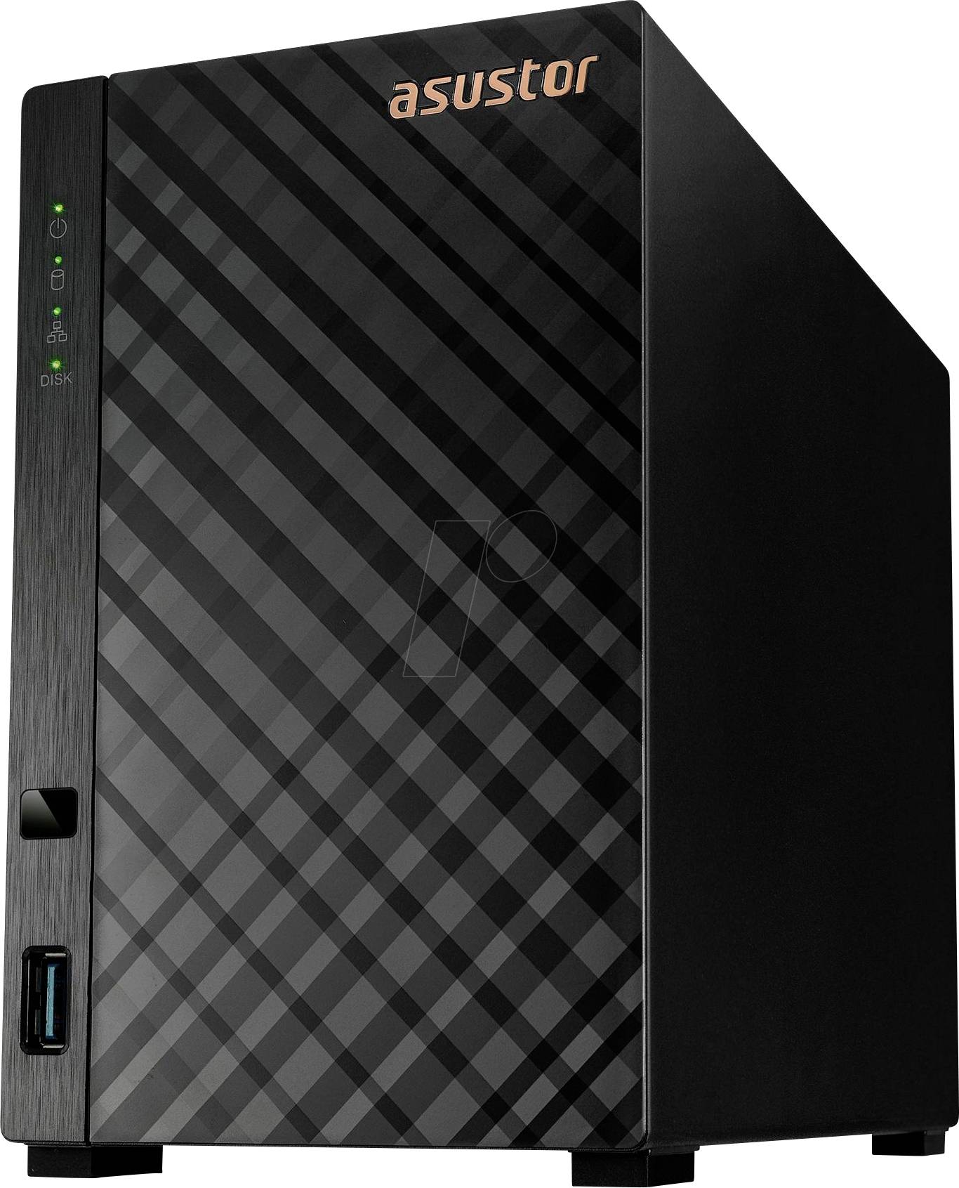 Schwarzes Asustor-NAS-Speichergerät mit diagonal gestreifter Frontblende, Statusleuchten und vorderer USB-Anschluss