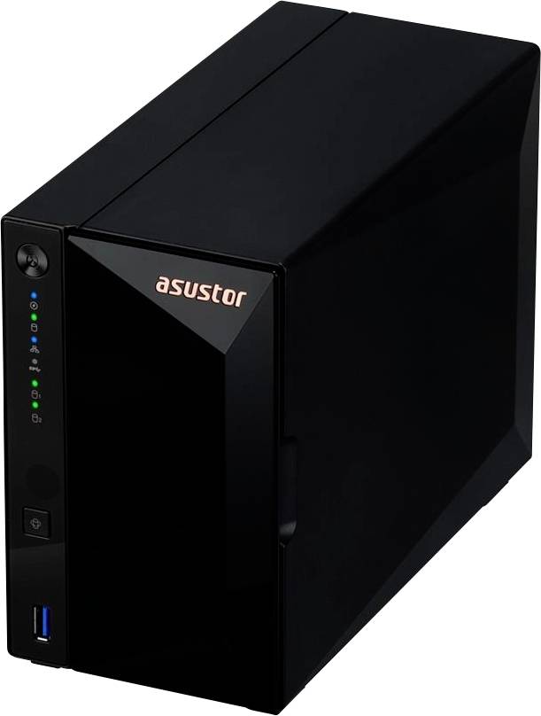 Schwarzes ASUSTOR NAS-Gehäuse mit Power-Knopf an der Vorderseite, Status-LEDs und USB-Anschluss auf dem unteren Frontpanel.