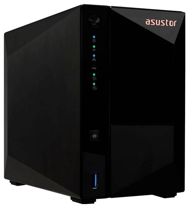 Schwarzes ASUSTOR NAS-Speichergerät mit vorderen Statusleuchten und USB-Anschluss, gezeigt auf weißem Hintergrund.