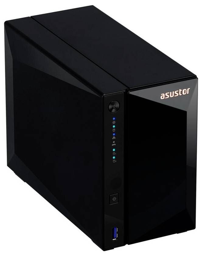 Schwarzes Asustor-Desktop-Netzwerkspeichergerät mit LED-Statusanzeigen an der Vorderseite, Stromschalter und USB-Anschluss.