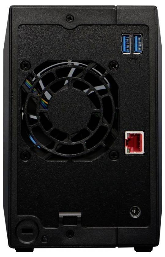 Rückseite eines schwarzen Geräts mit einem Kühlventilator, zwei blauen USB-Anschlüssen und einem roten Ethernet-Anschluss.