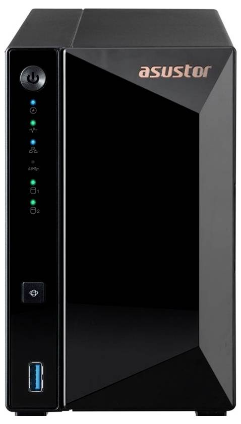 Vorderansicht eines ASUSTOR-NAS-Speichergeräts mit Netzschalter, Statusleuchten, USB-Anschluss und glänzendem schwarzem Gehäuse.