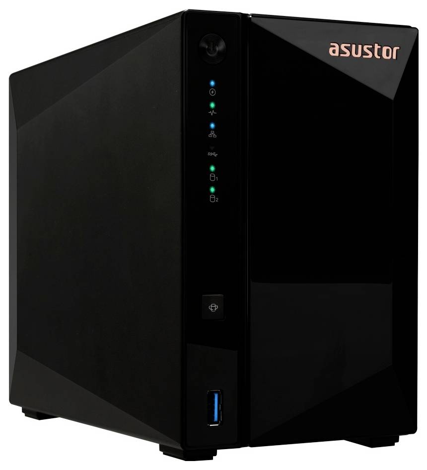 Schwarzes Asustor NAS-Gehäuse mit vorderen Status-LEDs, Stromschalter und USB 3.0-Anschluss.