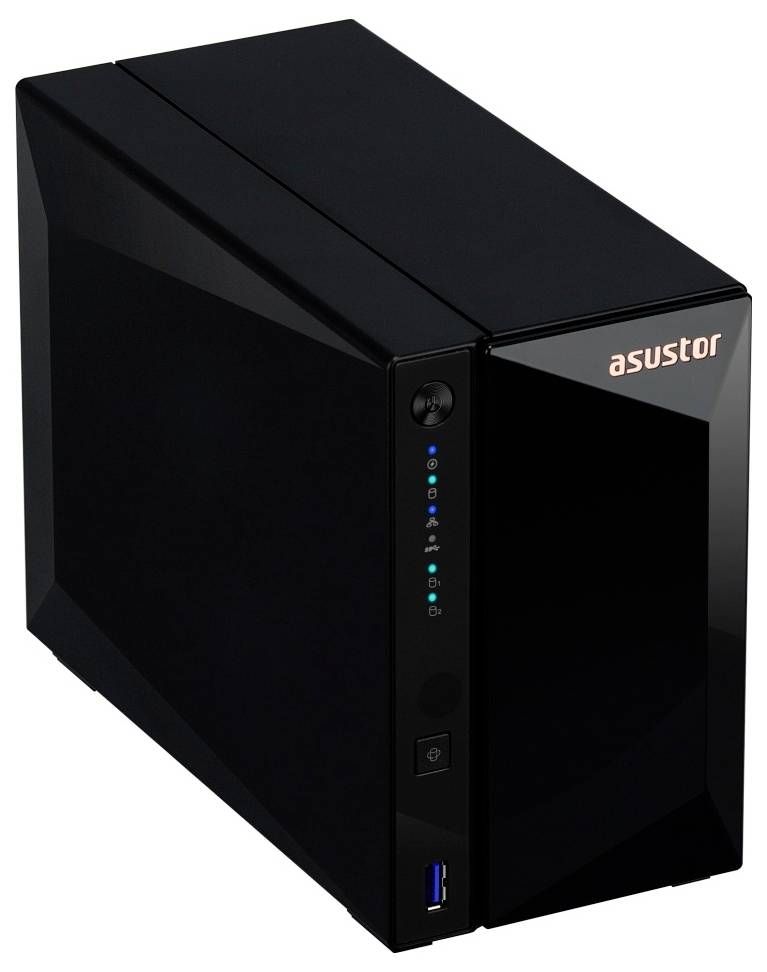 Schwarzes Asustor-Netzwerkspeichergerät mit vorderen Statusleuchten, Ein-/Ausschalter und USB-Anschluss.