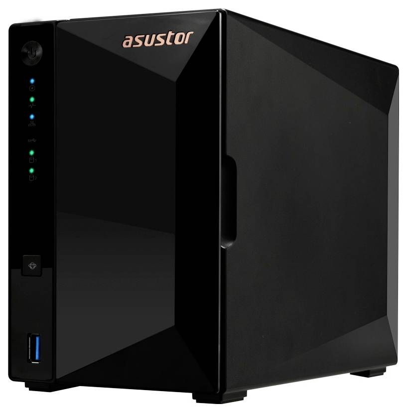 Schwarzes ASUSTOR-NAS-Gehäuse mit Status-LEDs an der Vorderseite, Stromschalter und USB-Anschluss, auf weißem Hintergrund dargestellt.