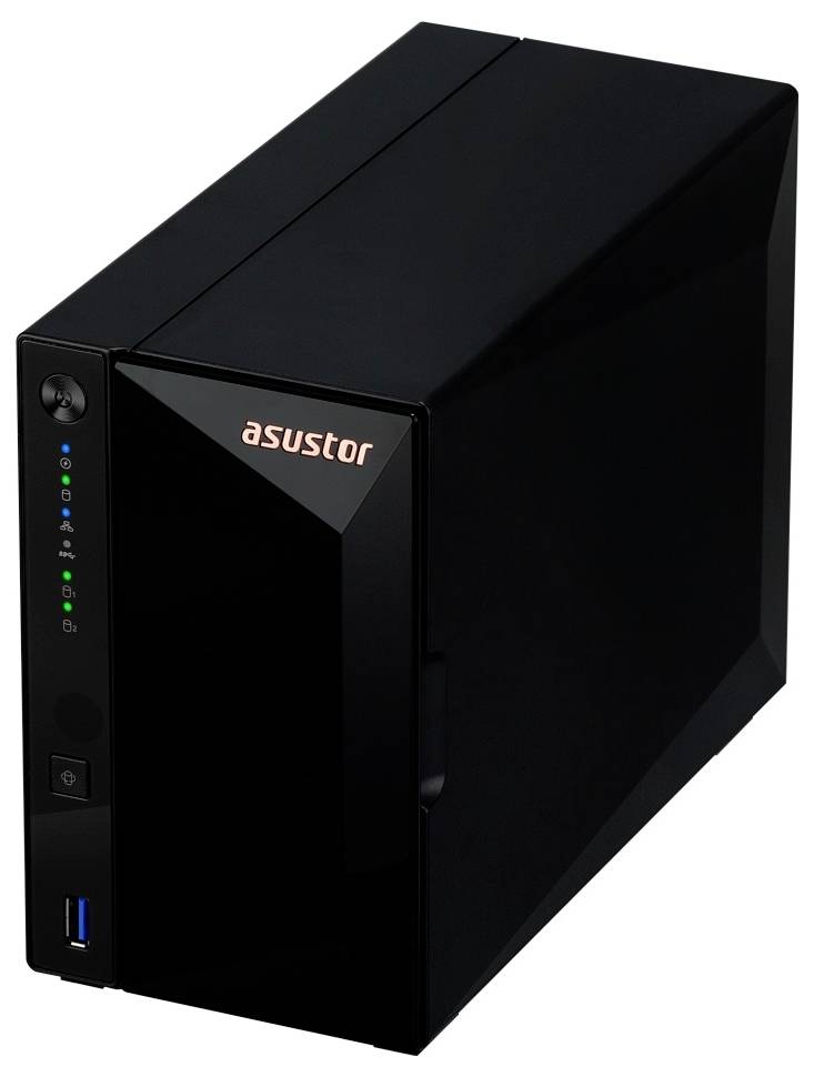 Schwarzes Asustor NAS-Speichergerät mit vorderen Statusleuchten, Netzschalter und USB-Anschluss
