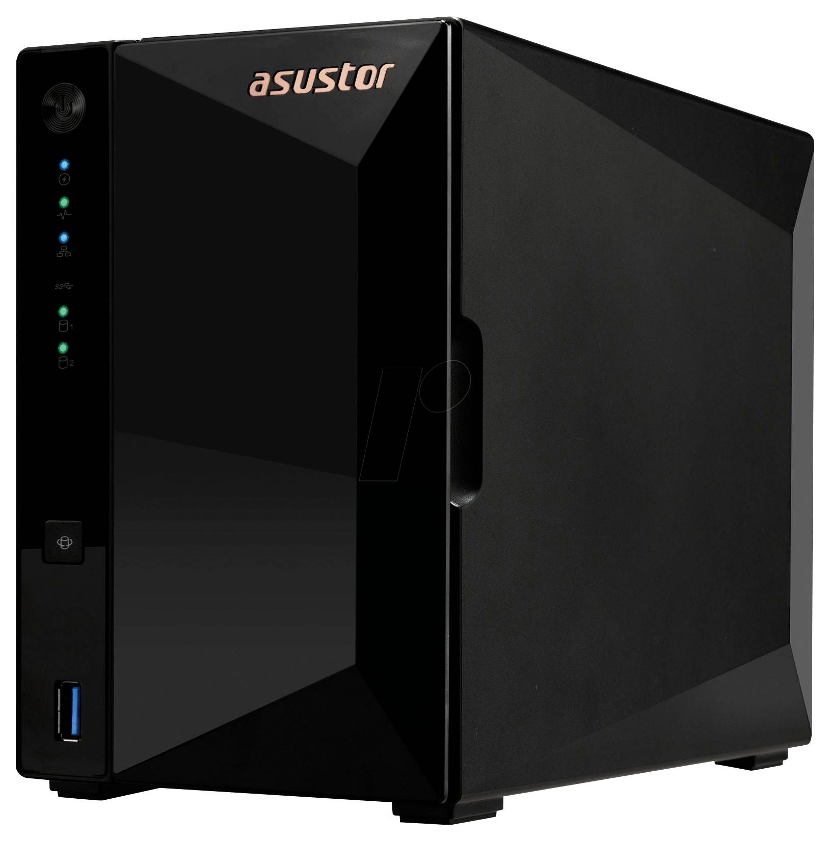 Schwarzes Asustor-NAS-Gehäuse mit vorderen Statuslichtern, USB-Anschluss und eckeligem Türpaneel auf weißem Hintergrund
