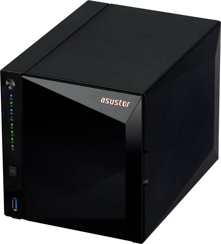 Schwarzes ASUSTOR NAS-Speichergerät mit Statusleuchten an der Vorderseite, Ein-/Ausschalter und USB-Anschluss auf einfachem weißem Hintergrund