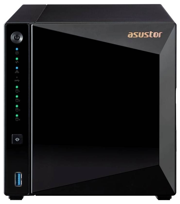 Schwarzes Asustor NAS-Gehäuse mit vorderer Stromtaste, Status-LEDs und USB-Anschluss.