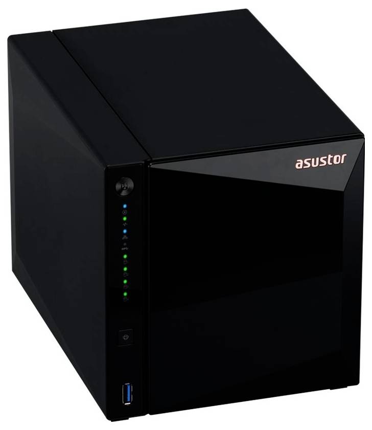 Schwarzes Asustor-NAS-Speichergerät in Dreiviertelsicht mit vorderen Statusleuchten, Netzschalter und USB-Anschluss.