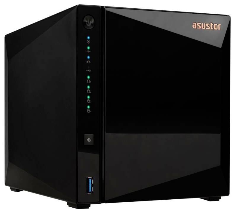 Schwarzes Asustor NAS-Gehäuse mit vorderen Statusleuchten, Netzschalter und USB-Anschluss auf der Frontblende.