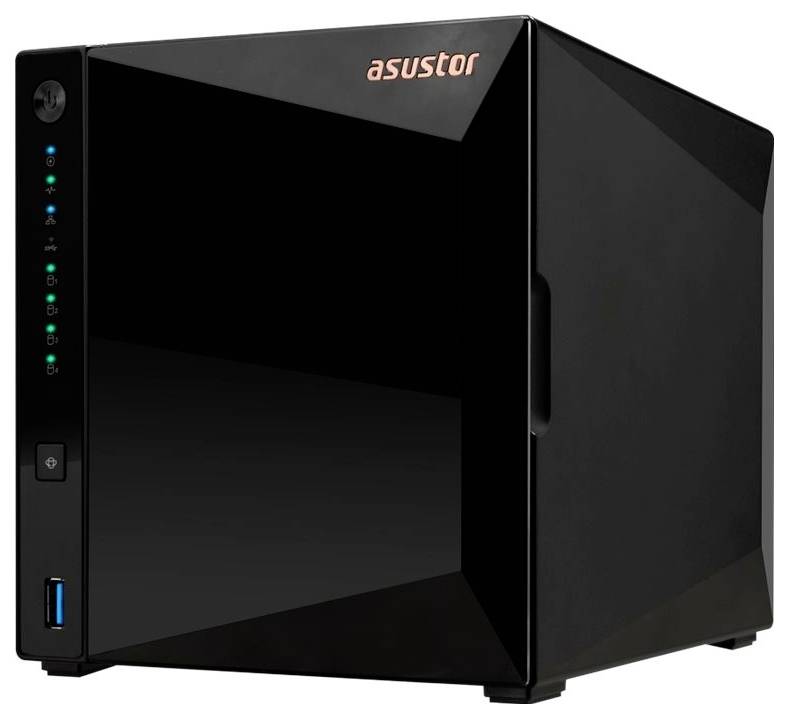 Schwarzes ASUSTOR NAS-Speichergerät in einer produktgestalteten Ansicht, mit vorderen Statusleuchten, Stromschalter und USB-Anschluss.