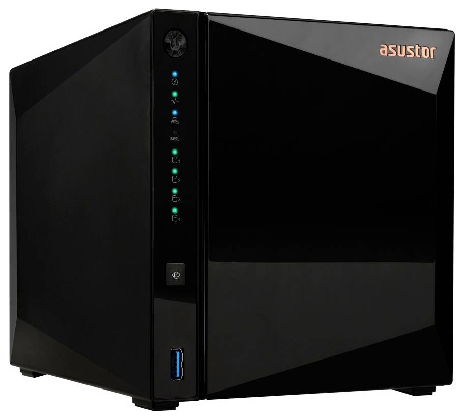 Schwarzes ASUSTOR-Netzwerkspeichergerät mit vorderen Statusleuchten, Netzschalter und USB-Anschluss.