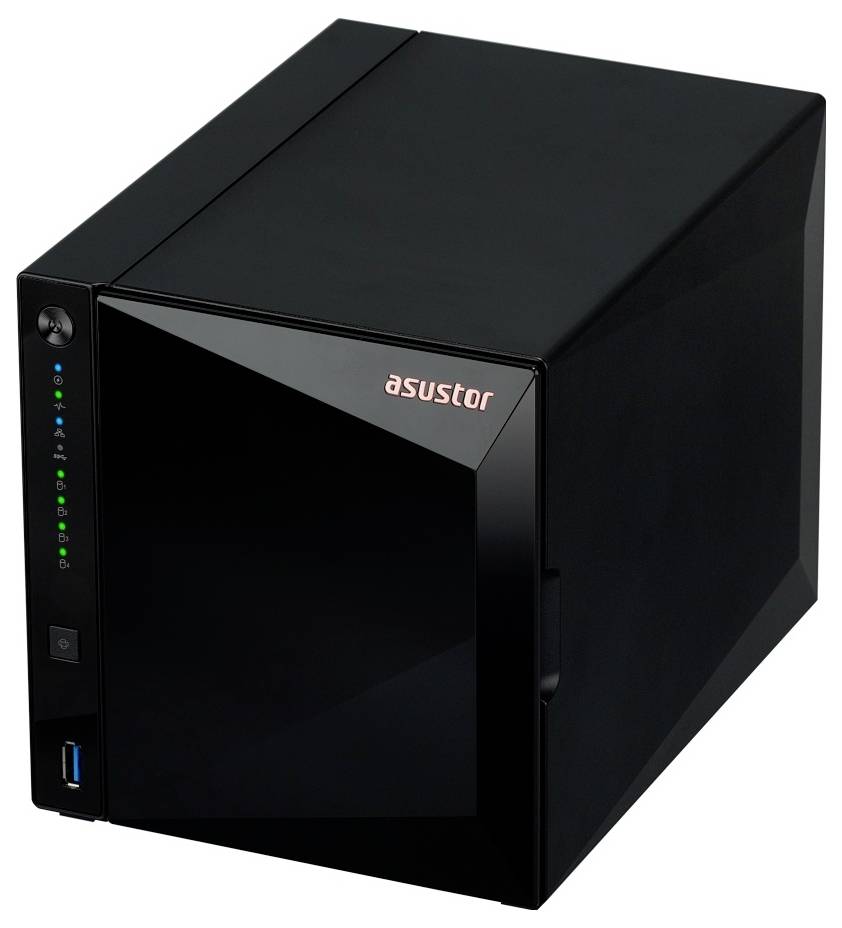 Schwarzes Asustor NAS-Speichergerät mit vorderen Statusleuchten, Ein-/Ausschalter und USB-Anschluss.