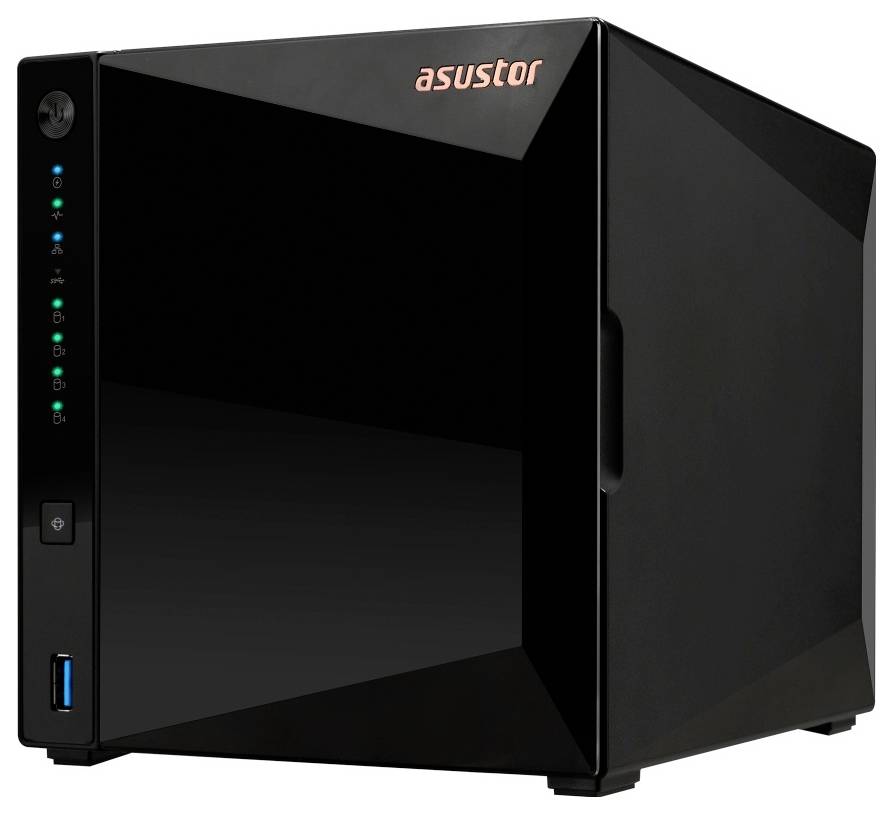 Schwarzes Asustor-NAS-Speichergehäuse mit LED-Statusanzeigen an der Vorderseite, Ein-/Ausschalter und USB-Anschluss auf weißem Hintergrund.