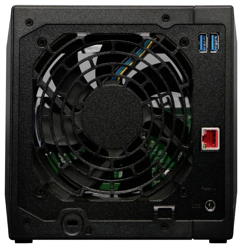 Rückansicht eines schwarzen Desktop-Computer-/Server-Netzteils mit großem Kühlventilator, blauen USB-Anschlüssen und einem roten Ethernet-Anschluss.
