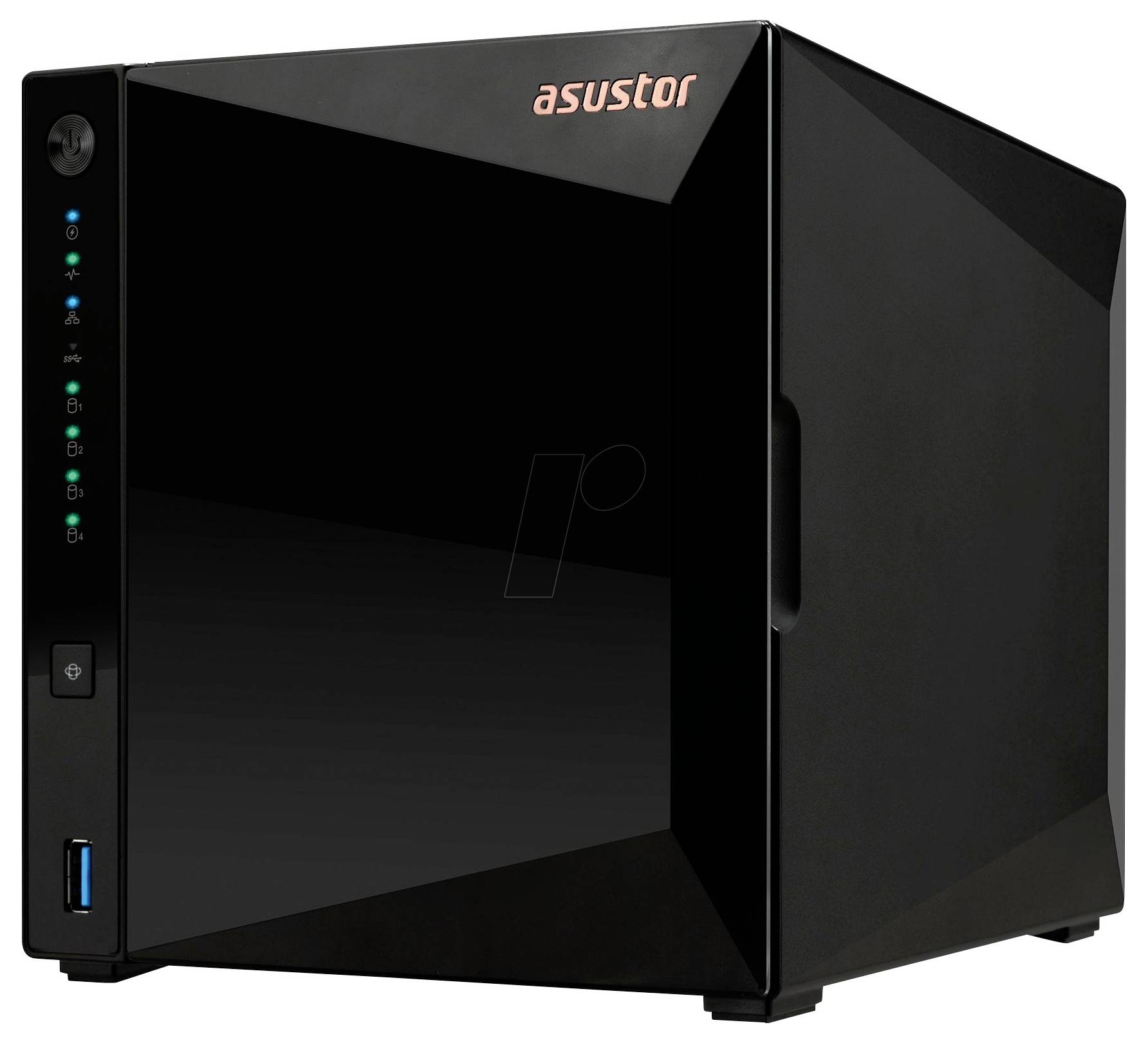 Schwarzes Asustor NAS-Speichergerät mit glänzender Frontplatte, blauem USB-Anschluss und vertikalen Statusleuchten.