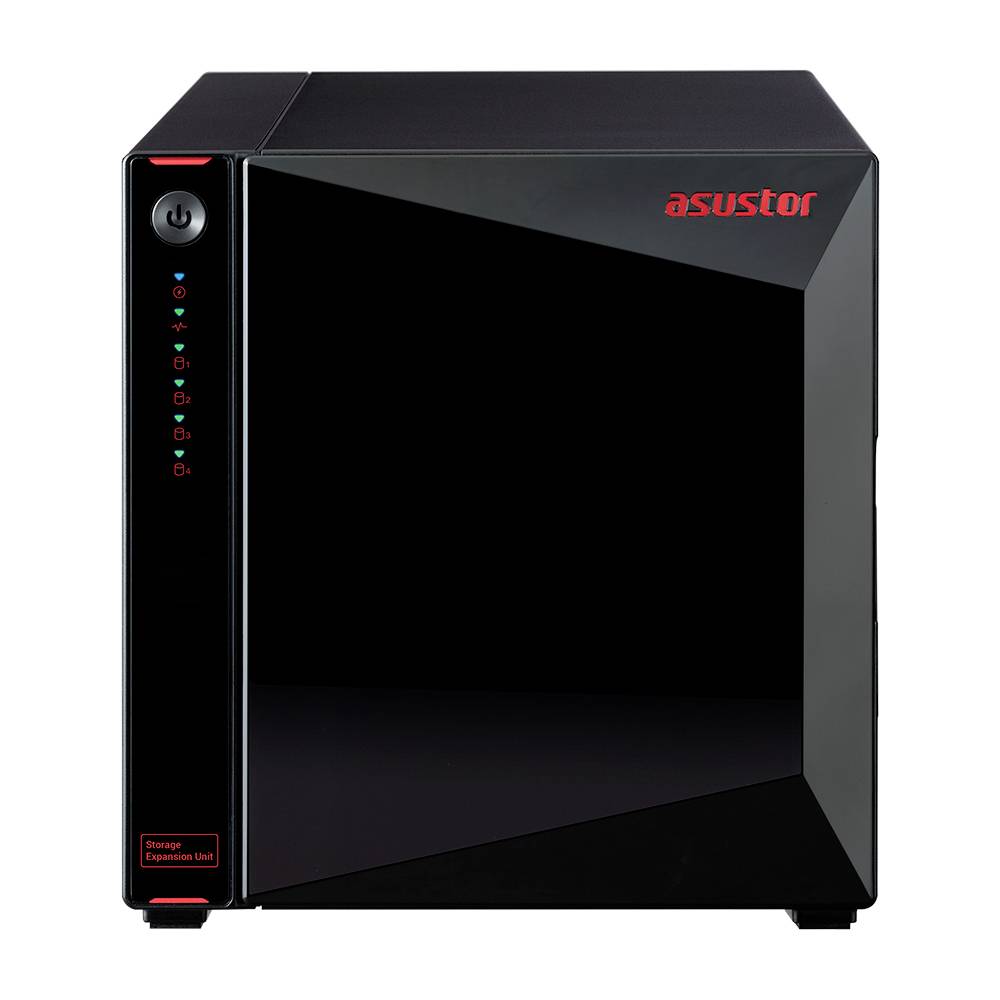 Schwarzes Asustor NAS-Speichergehäuse mit vorderer Stromschalter, Status-LEDs und rotem 'asustor'-Logo