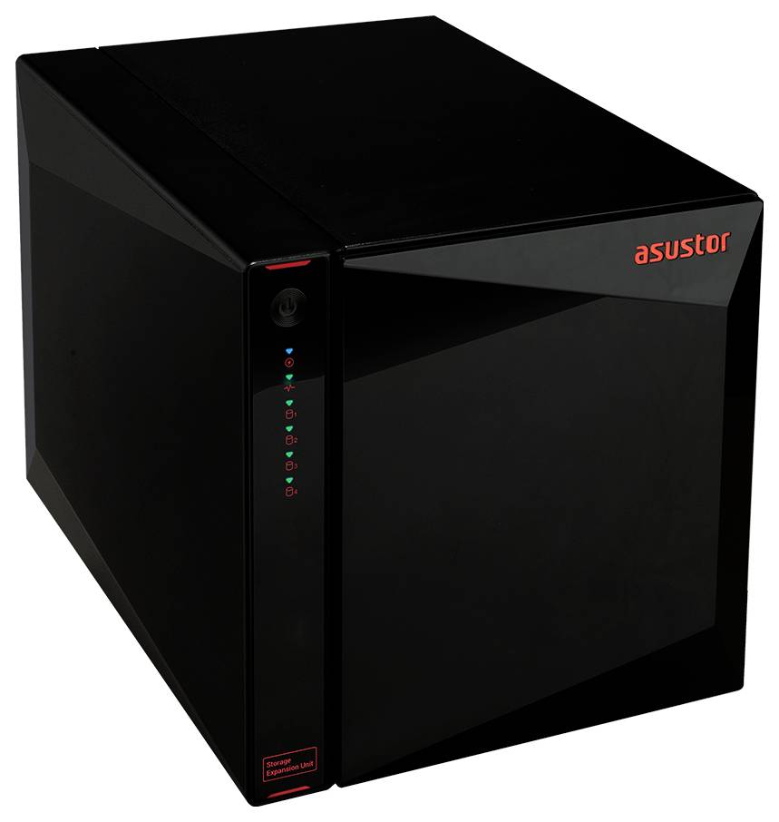 Schwarzer Asustor-Netzwerkspeicherserver mit LED-Statusanzeigen an der Vorderseite und einer Stromtaste auf der linken Blende.