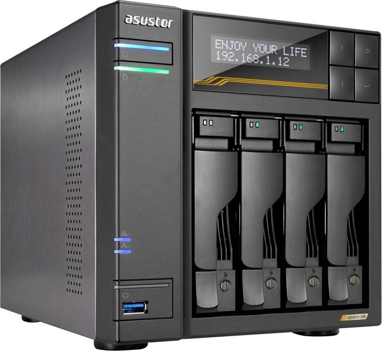 ASUSTOR Vier-Bay-NAS-Server mit Front-Display, das „ENJOY YOUR LIFE 192.168.1.12