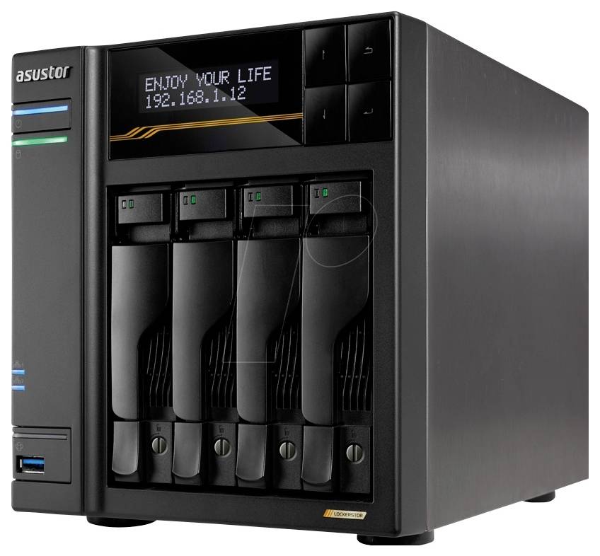 Vorderansicht eines Asustor 4-Schacht-NAS-Servers mit einem kleinen Display, das „GENIESSE DEIN LEBEN