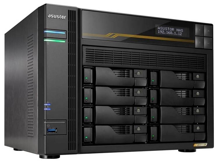 Schwarzer Asustor NAS-Speicherserver mit mehreren Festplattenschächten und Statusleuchten, beschriftet mit „ASUSTOR NAS 192.168.1.12