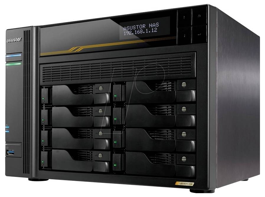 Vorderansicht eines ASUSTOR NAS-Speicherservers mit mehreren Hot-Swap-Festplattenschächten und einem kleinen Statusdisplay, das „ASUSTOR NAS